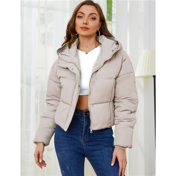 Womens Cropped Puffer Jacket Hooded Zip Up Apricot - Picture 5 of 6